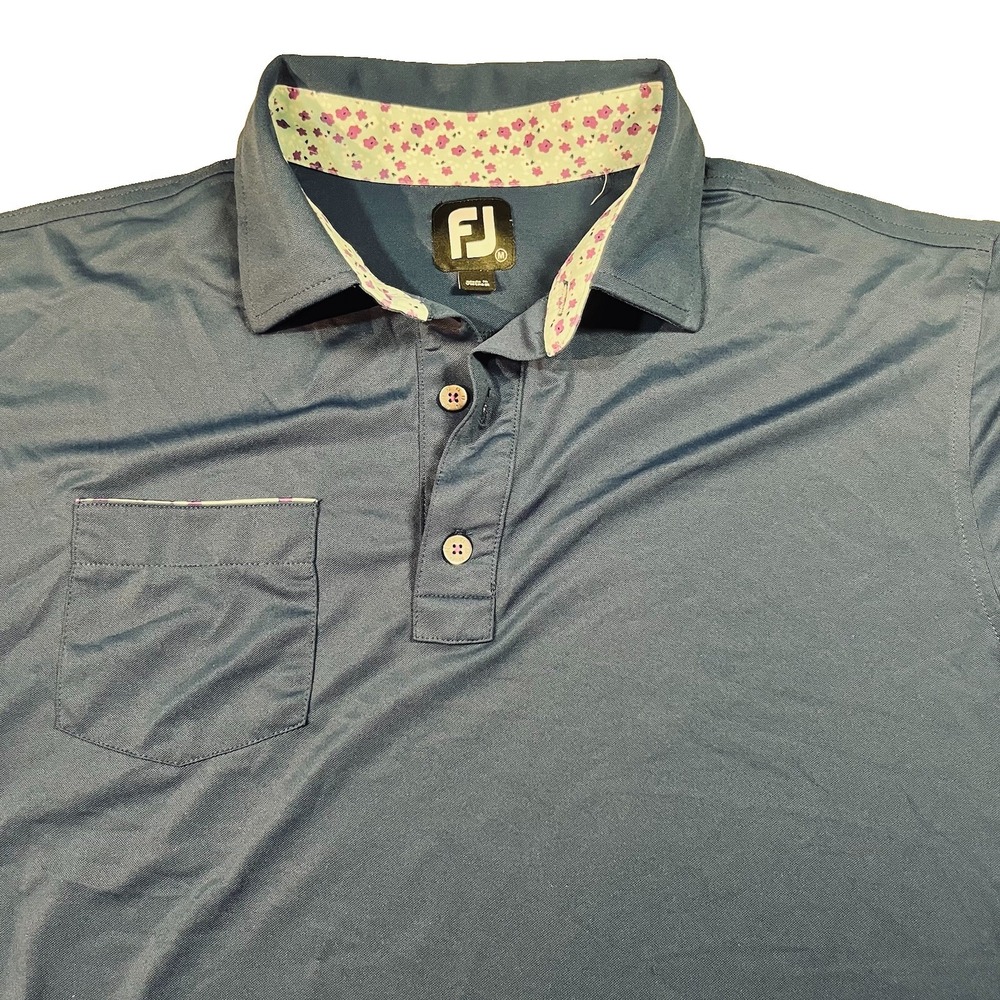 FootJoy Men's Medium Golf Polo Shirt Navy Blue Floral Stretch Short Sleeve EUC